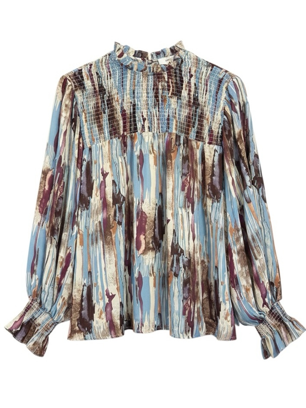Entro Abstract Bubble Sleeve Ruffle Neck Loose Fit Blouse Smocking Size Medium